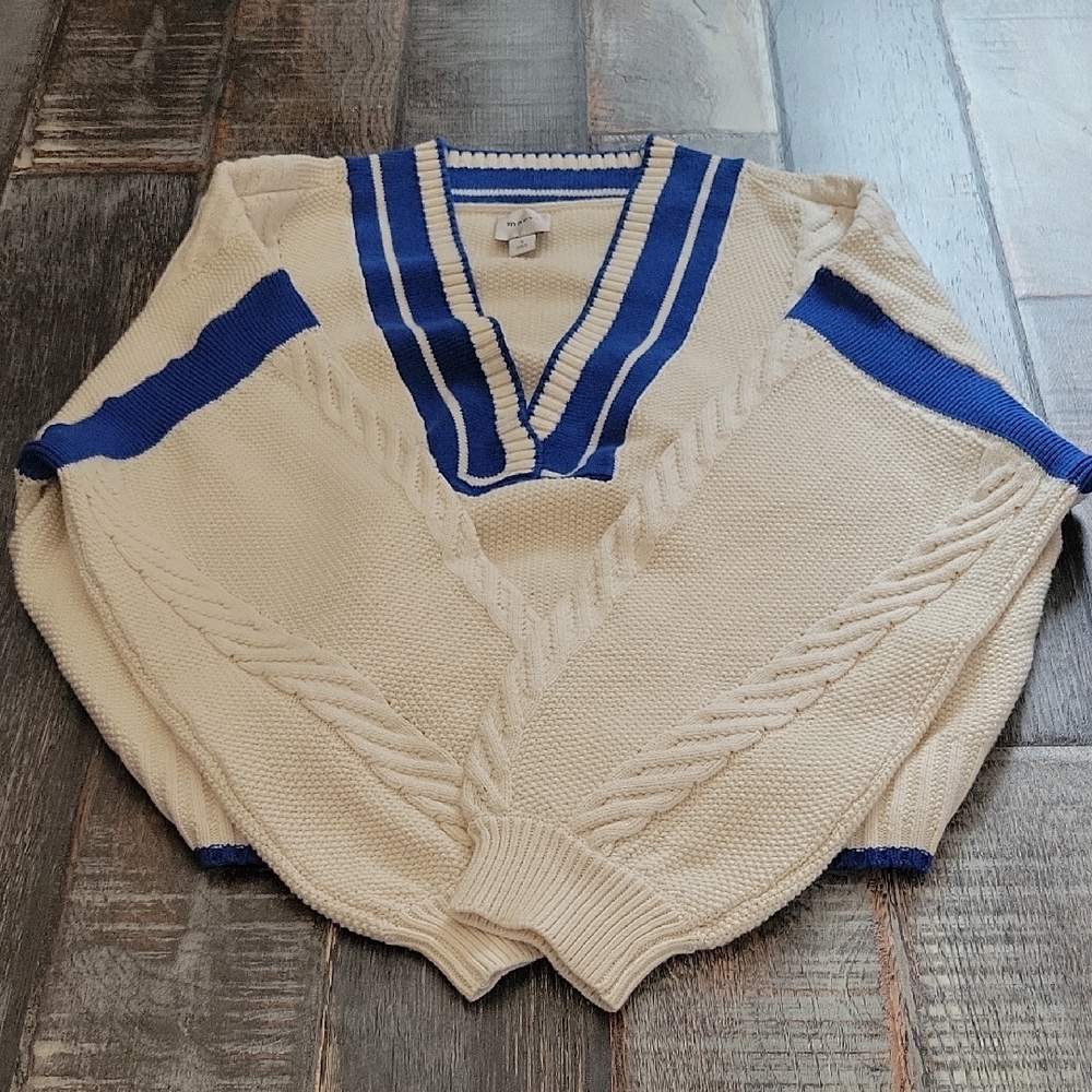 Maeve Cream and Blue V-Neck Sweater